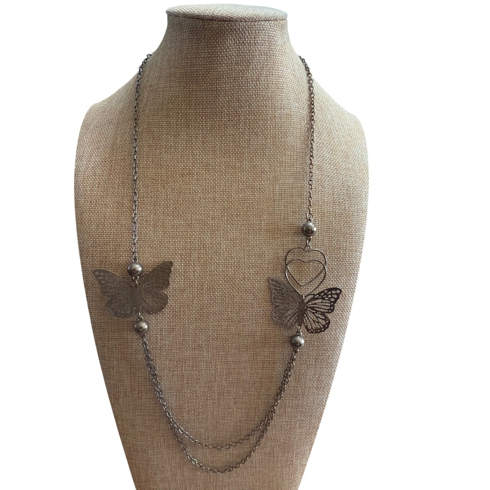 Vintage Silver Tone Filigree Butterfly Heart Long Multi Strand Necklace Layered